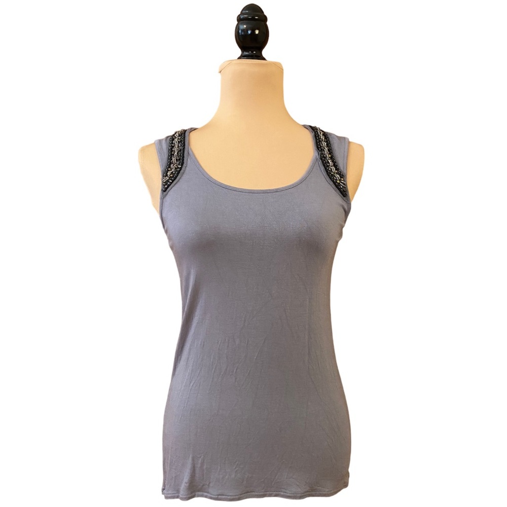 C•Lective Blue gray Beaded Sequence Neck Line High Low Sleeveless Top Size S